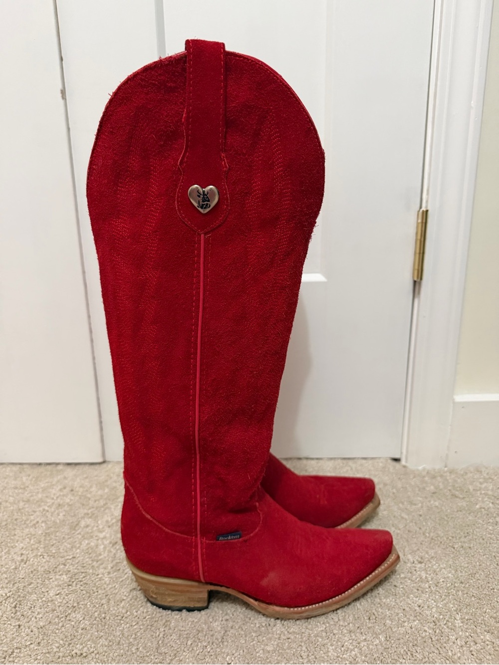 Red Suede Over-the-Knee Western Boots with Heart Accent